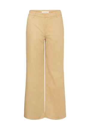 Pantalons beige à taille large en coton, avec une fermeture à bouton à l'avant, des passes-bijoux et des poches latérales. Texture lisse avec une coupe décontractée.
