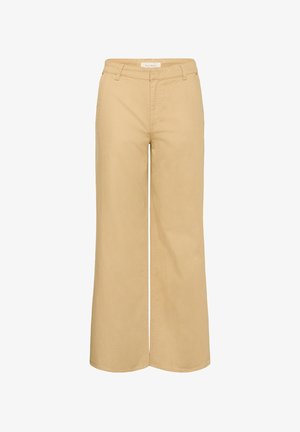 Beige wijde broek gemaakt van katoen, met een knoopsluiting aan de voorkant, riemlussen en zijzakken. Soepele textuur met een relaxte pasvorm.