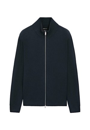 Cardigan con zip in maglia a costine blu navy, collo alto e maniche lunghe, cerniera completamente chiusa.