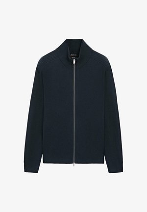 Cardigan con zip in maglia a costine blu navy, collo alto e maniche lunghe, cerniera completamente chiusa.