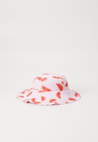 Pink bucket hat featuring a watermelon slice pattern and a scalloped edge, made of lightweight fabric for summer wear.