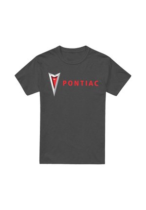 Graues Baumwoll-T-Shirt mit einem silbernen und roten Pontiac-Logo und dem fett gedruckten roten Text "PONTIAC" darunter. Kurze Ärmel, Rundhalsausschnitt.