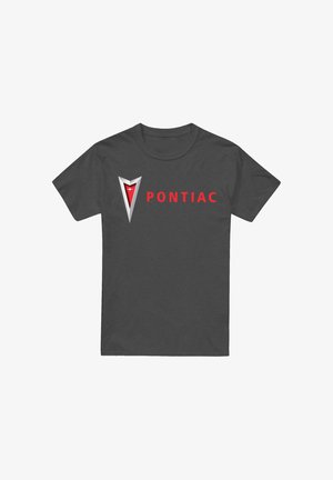 Gray cotton t-shirt featuring a silver and red Pontiac logo with bold red text reading "PONTIAC" beneath. Short sleeves, crew neck design.