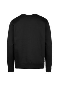 Sweatshirt noir à col rond, fabriqué en mélange de coton doux, avec des manches longues, des poignets côtelés et une coupe décontractée. Pas de graphiques ni de motifs.