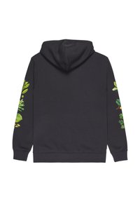 Zwarte hoodie gezien vanuit de rug met botanische plantontwerpen in groen en geel op beide mouwen, geribbelde boorden en een capuchon.