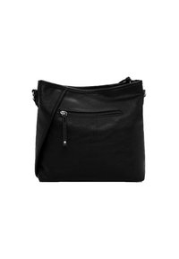 Borsa a tracolla nera in pelle con finitura testurizzata, chiusura superiore con zip e tasca frontale con zip. Presenta una tracolla regolabile.