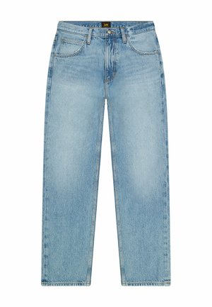 Jeans de mezclilla de color azul claro con corte recto, cinco bolsillos y un ligero desvanecido. Presentan un cierre clásico de botón y cremallera.