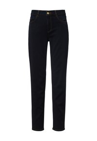 Dunkelblaue Jeans aus Denim mit schlanker Passform, orangefarbigen Nähten, einem Knopfverschluss vorne und vier Taschen. Glatte Textur. Keine auffälligen Muster.