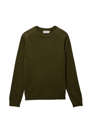 Pull à manches longues vert olive à col rond avec poignets, ourlet et encolure côtelés, étalé à plat sur un fond blanc.