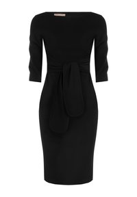 Schwarzes knielanges Kleid mit tailliertem Schnitt, Dreiviertelärmeln und einer Schleifendetail auf der Vorderseite. Hergestellt aus glattem, dehnbarem Stoff.
