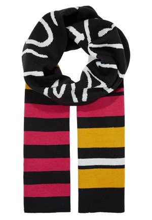Black scarf with white abstract patterns on top, and alternating horizontal stripes in pink, black, yellow, and white on the ends.