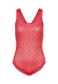 Punainen uimapuku, jossa on pyöreä pääntie, valmistettu läpikuultavasta, aaltoilevaa kuviota sisältävästä kankaan rakenteesta. Ei näkyviä metalliosia tai koristeita.