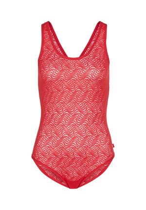 Rood zwemkledingstuk met een ronde hals, gemaakt van een doorschijnende textuurstof met een golvend patroon. Geen zichtbare hardware of accenten.