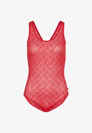 Rood zwemkledingstuk met een ronde hals, gemaakt van een doorschijnende textuurstof met een golvend patroon. Geen zichtbare hardware of accenten.