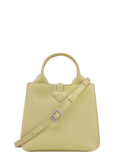 Yellow leather handbag with a textured surface, two top handles, and a detachable shoulder strap featuring a metal buckle detail.