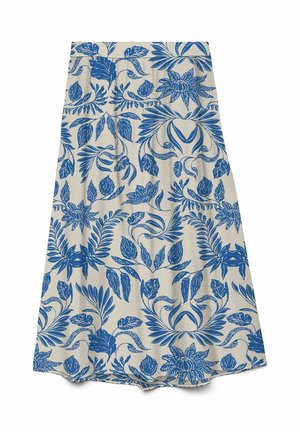 Jupe beige taille A avec imprimé botanique et floral bleu comprenant des feuilles, des fleurs et des formes végétales abstraites.