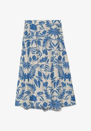 Jupe beige taille A avec imprimé botanique et floral bleu comprenant des feuilles, des fleurs et des formes végétales abstraites.