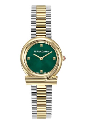 Gold and silver-tone watch with a round green dial, featuring gold square hour markers and hands, and a textured link bracelet. Ferragamo branding present.