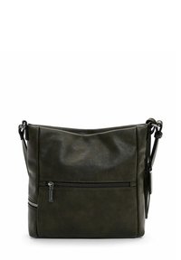Borsa a tracolla verde oliva scuro realizzata in pelle testurizzata. Presenta una tasca frontale con zip e una tracolla regolabile. Design semplice con struttura morbida.