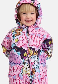 Spalvingas vandeniui atsparus džemperis su rožinės ir violetinės spalvos piešiniu, kuriame pavaizduoti gyvūnai ir tekstas, skirtas vaikams, su užtrauktuku priekyje ir kapišonu.