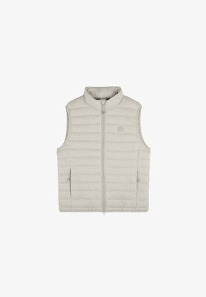 Pudret ærmeløs vest i lysegrå, med høj krave, frontlynlås og lodret syning; glat tekstur med to sidelommer.