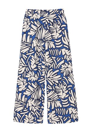 Niebieskie spodnie o szerokich nogawkach z białymi tropikalnymi wzorami liści oraz elastycznym paskiem w talii.