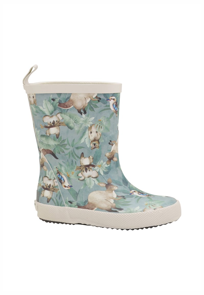Gröna gummistövlar med mönster av koalor, känguruer och fåglar mot en lövig bakgrund. Vit sula och övre kant.