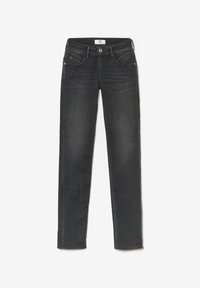 Jean en denim gris foncé avec une coupe droite, cinq poches et une fermeture à bouton. Un léger délavage et des détails de couture rehaussent le design.