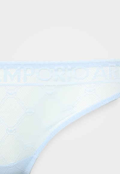 Light blue mesh thong featuring a textured pattern and a logo-embossed waistband with a scalloped edge.