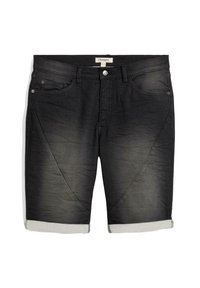 Shorts en denim noir avec une texture déchirée, cinq poches, un ourlet roulé et des coutures contrastées. Comprennent une fermeture à bouton argenté et une étiquette de marque.