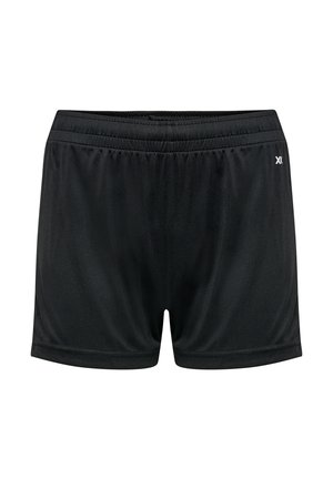 Zwarte sportshorts met een elastische tailleband, gemaakt van gladde stof, met een eenvoudig ontwerp en een klein wit logo aan de zijkant.