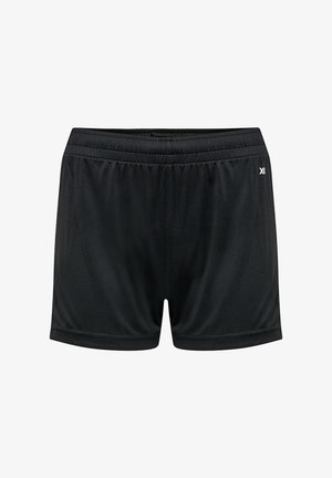 Black athletic shorts with an elastic waistband, made of smooth fabric, featuring simple design and a small white logo on the side.