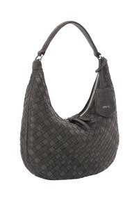 Dunkelgraue, geflochtene Leder-Hobo-Tasche mit einem Tragegriff, silbernem Reißverschluss und angehängtem Wildleder-Tag mit geprägtem "abro"-Logo.