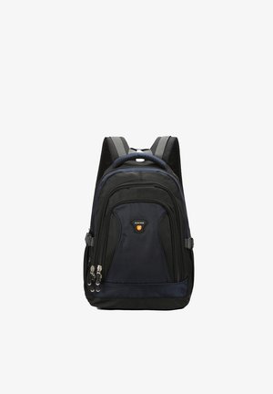 Zaino nero e blu scuro con molteplici scomparti con cerniera, spallacci imbottiti e logo Aoking sul pannello centrale anteriore.