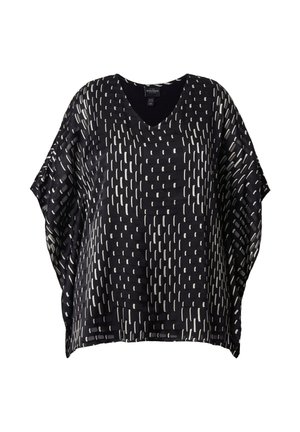 Blusa negra de corte suelto con escote en V, estampado de guiones irregulares blancos y mangas cortas y anchas.
