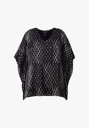 Blusa nera a vestibilità ampia con scollo a V e motivo a trattini bianchi irregolari, maniche corte larghe.