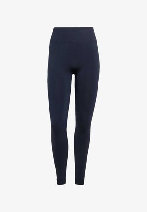 Marineblaue, hoch taillierte, körperbetonte Leggings mit nahtlosem Design, das bis zu den Knöcheln reicht, vor weißem Hintergrund gezeigt.