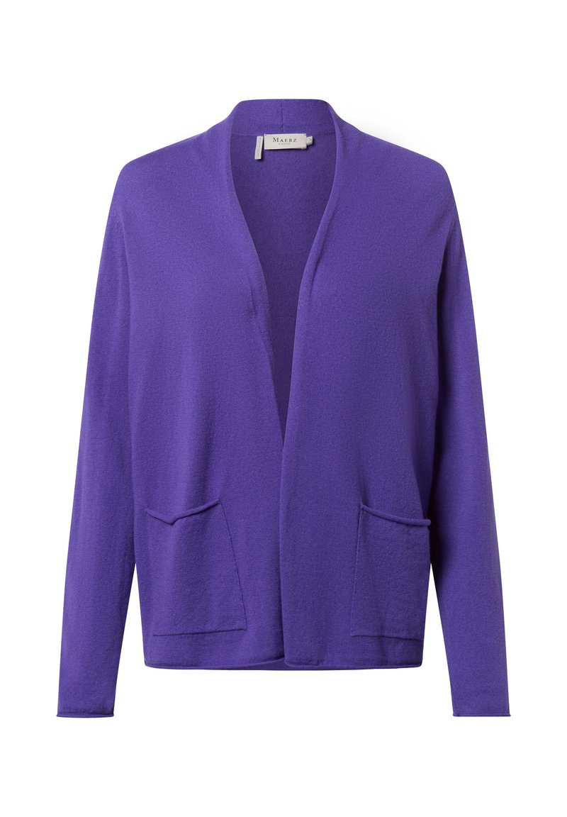 Lila Strickjacke mit offenem Vorderteil, langen Ärmeln und zwei vorderen Taschen. Aus weichem Material hergestellt, mit einer strukturierten Oberfläche.