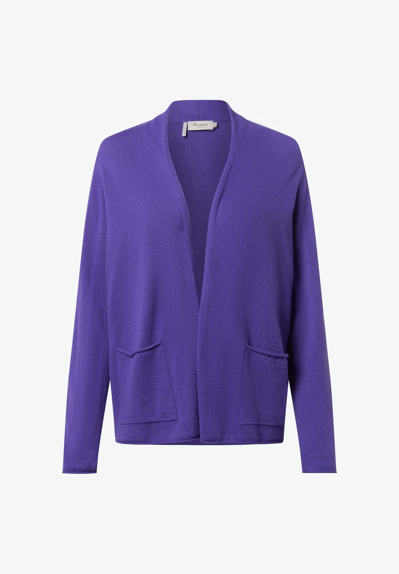 Lila Strickjacke mit offenem Vorderteil, langen Ärmeln und zwei vorderen Taschen. Aus weichem Material hergestellt, mit einer strukturierten Oberfläche.