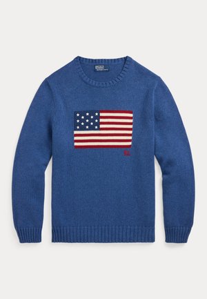 Blauer Strickpullover mit amerikanischem Flaggenmuster und roten "RL"-Initialen auf der Vorderseite, Rundhalsausschnitt sowie gerippte Bündchen und Saum.