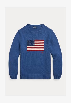 Blauer Strickpullover mit amerikanischem Flaggenmuster und roten "RL"-Initialen auf der Vorderseite, Rundhalsausschnitt sowie gerippte Bündchen und Saum.