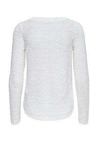 Maglione bianco lavorato a maglia con maniche lunghe, scollo rotondo e tessuto strutturato. L'orlo curvo nella parte inferiore aggiunge dettaglio al design.