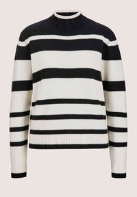 Gestreifter Pullover mit schwarzen und cremefarbenen horizontalen Streifen, geripptem Rollkragen sowie gerippten Bündchen und Saum. Weiche Stricktextur.