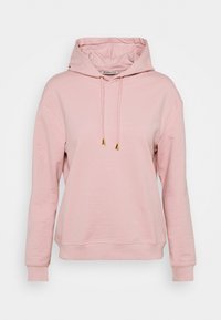 Sudadera con capucha rosa de corte holgado, con cuello ajustable con cordón, puños acanalados y material suave de mezcla de algodón.