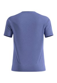 Blue short-sleeve t-shirt featuring a smooth texture, rounded neckline, and contrasting dark trim on sleeves. Back view displays seamless design.