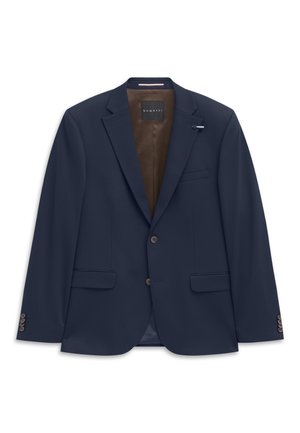 Marineblauer Herrenblazer mit zwei Knöpfen, abgestepptem Revers, vorderen Klappentaschen, mit Knöpfen versehenen Manschetten und braunem Innenfutter mit Markenetikett.