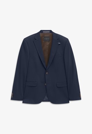 Navy blue men's blazer with two buttons, notched lapels, front flap pockets, buttoned cuffs, and brown inner lining with brand label.