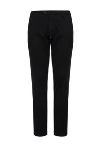 Pantaloni neri realizzati in tessuto liscio, con chiusura a bottone, tasche frontali e design a gamba affusolata. Nessun motivo o dettaglio visibile.