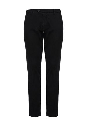 Pantaloni neri realizzati in tessuto liscio, con chiusura a bottone, tasche frontali e design a gamba affusolata. Nessun motivo o dettaglio visibile.