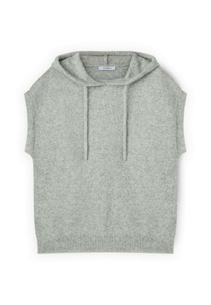 Vaaleanharmaa hihaton huppari, joka on valmistettu pehmeästä, teksturoidusta kankaasta. Varustettu säädettävällä hupulla ja ribbireunuksella alaosassa.
